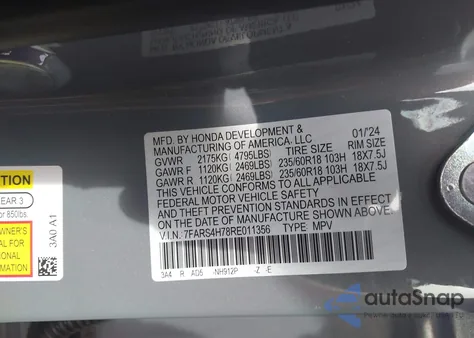 2024 Honda Cr-V Ex-L Awd from USA, damaged, VIN 7FARS4H78RE011356